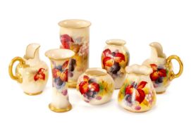 KITTY BLAKE FOR ROYAL WORCESTER: group comprising pair of shape 1094 jugs, shape 923 trumpet vase,