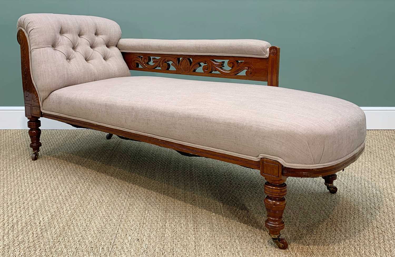 MATCHING VICTORIAN WALNUT CHAISE LONGUE & ARMCHAIR, with carved arms, on brown ceramic castors, - Image 3 of 10
