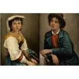 PAIR 19TH CENTURY ITALIAN SCHOOL OILS OF PEASANTS, oil on canvas - portrait of lady with flower,