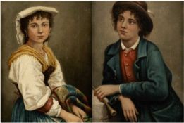 PAIR 19TH CENTURY ITALIAN SCHOOL OILS OF PEASANTS, oil on canvas - portrait of lady with flower,