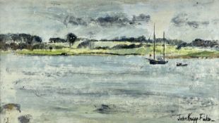 ‡ JOHN KNAPP-FISHER oil on board - sail boat on estuary, entitled verso 'Ramshult Moorings',