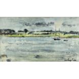 ‡ JOHN KNAPP-FISHER oil on board - sail boat on estuary, entitled verso 'Ramshult Moorings',