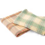 TWO WELSH WOOLEN PLAID BLANKETS, one woven in green, cream, purple, brown, salmon pink, blanket