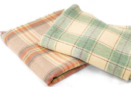 TWO WELSH WOOLEN PLAID BLANKETS, one woven in green, cream, purple, brown, salmon pink, blanket