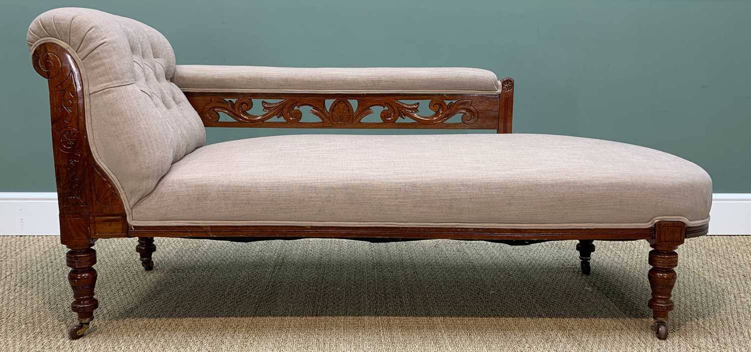 MATCHING VICTORIAN WALNUT CHAISE LONGUE & ARMCHAIR, with carved arms, on brown ceramic castors, - Image 4 of 10