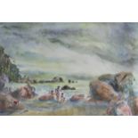 ‡ BIM GIARDELLI watercolour - rocky beach scene with mother and children paddling, signed, 37 x