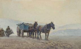 JESSIE HALL watercolour - Loading Hurdles, farmer loading hurdles into a horse drawn cart, 47 x