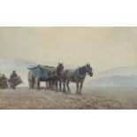 JESSIE HALL watercolour - Loading Hurdles, farmer loading hurdles into a horse drawn cart, 47 x