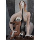 SANTOS BALMORI (Mexican, 1889-1992) pastel on paper, Mother, Child and Cat, cubist portrait,