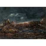 ‡ HENDRIK LEK oil on card - untitled, mountainous landscape with lake, signed, 16 x 22cms