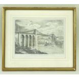 W CRANE pencil drawing - titled 'The Menai Bridge, North Wales', a lithograph engraving produced