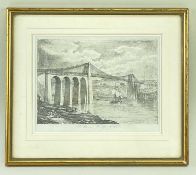 W CRANE pencil drawing - titled 'The Menai Bridge, North Wales', a lithograph engraving produced