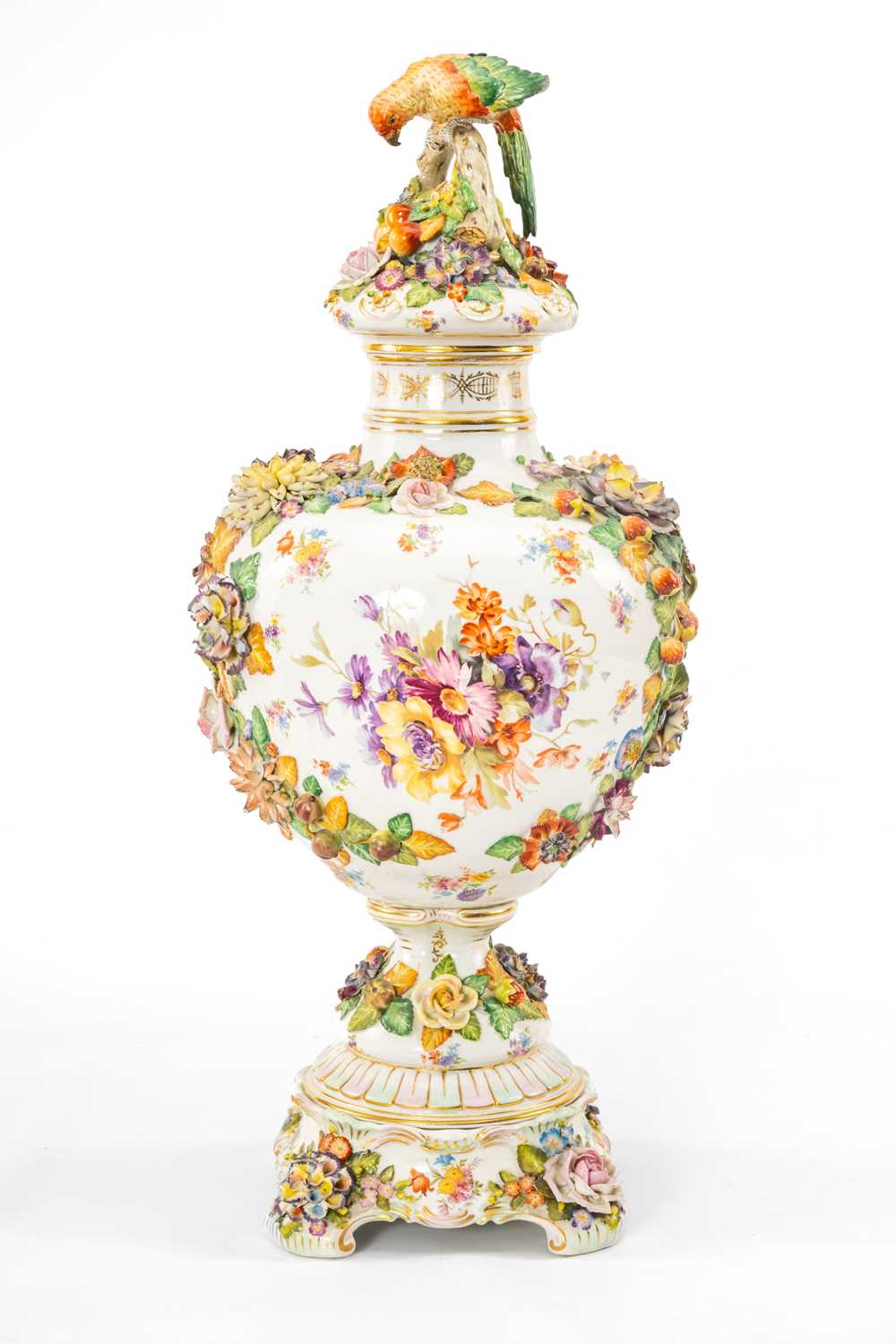 LARGE SITZENDORF PORCELAIN VASE, COVER & STAND, 19th Century, printed with vignettes of flowers