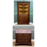 GEORGE III OAK & MAHOGANY CROSSBANDED BUREAU, angled fall enclosing fitted interior of drawers,