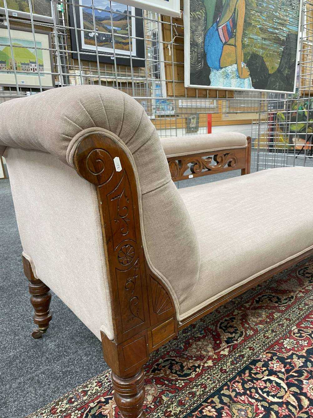 MATCHING VICTORIAN WALNUT CHAISE LONGUE & ARMCHAIR, with carved arms, on brown ceramic castors, - Image 10 of 10