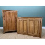 TWO PINE CUPBOARDS, one fitted with double panelled doors, 133 w x 44 d x 99cms h; the other with