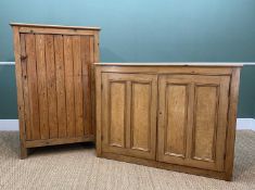 TWO PINE CUPBOARDS, one fitted with double panelled doors, 133 w x 44 d x 99cms h; the other with