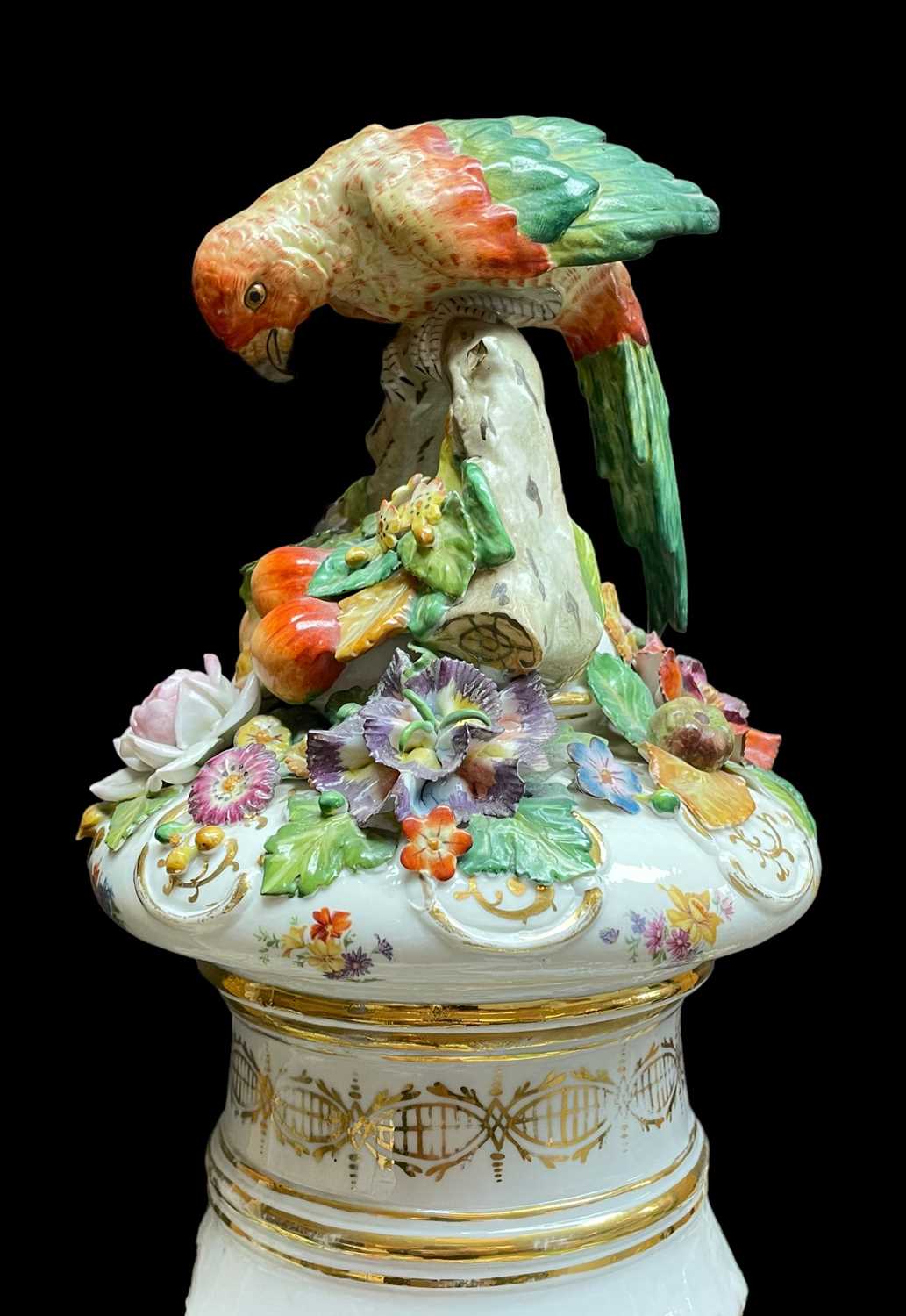 LARGE SITZENDORF PORCELAIN VASE, COVER & STAND, 19th Century, printed with vignettes of flowers - Image 3 of 8