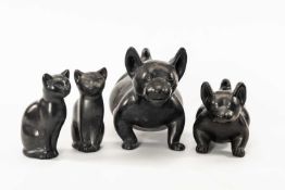 FOUR MEXICAN BLACK POTTERY MODELS OF DOGS & CATS, in the Pre-Columbian Colima style, three signed