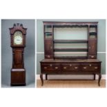 GEORGE III OAK & MAHOGANY CROSS-BANDED SHROPSHIRE DRESSER, shaped cornice above three shelves and