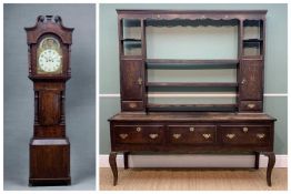 GEORGE III OAK & MAHOGANY CROSS-BANDED SHROPSHIRE DRESSER, shaped cornice above three shelves and