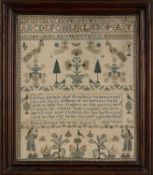 GEORGE IV NEEDLEWORK SAMPLER, 1820 by Mary Evans aged 15, probably Welsh, decorated with peacocks,