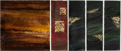 ‡ JANET ROGERS (b.1963) three mixed media collages - abstract triptych, and two similar works by the