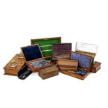 ASSORTED BOXES comprising four fitted drawing instrument sets, brass bound dome jewellery casket,