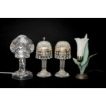FOUR GLASS TABLE LAMPS, including a cut glass lamp with dome shade, probably Waterford, unmarked,