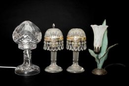 FOUR GLASS TABLE LAMPS, including a cut glass lamp with dome shade, probably Waterford, unmarked,