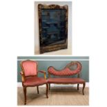 LOUIS XV-STYLE FAUTEUIL, CANAPE & CABINET, seating upholstered in pink velour, Chinese style hanging