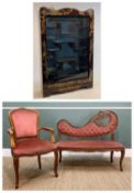 LOUIS XV-STYLE FAUTEUIL, CANAPE & CABINET, seating upholstered in pink velour, Chinese style hanging