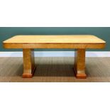 ATTRIBUTED TO H & L EPSTEIN: ART DECO BIRD'S EYE MAPLE DINING TABLE, later glass top, 76h x 183w x