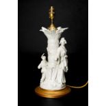 GERMAN WHITE PORCELAIN 'CHINOISERIE' TABLE LAMP, modelled with two figures around a tree,
