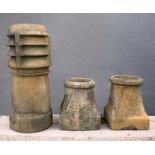 THREE VINTAGE TERRACOTTA CHIMNEYS, one tall with louvered top, 78cms h (3)