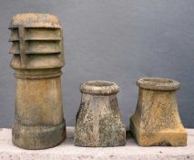 THREE VINTAGE TERRACOTTA CHIMNEYS, one tall with louvered top, 78cms h (3)