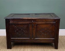 17TH CENTURY JOINED-OAK COFFER, channel carved double-panelled top above panelled front carved