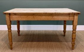 VICTORIAN PINE KITCHEN TABLE, fitted with end drawer, triple plank top, turned legs, 137 w x 79 d