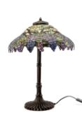 MODERN TIFFANY-STYLE LAMP WITH COLOURED GLASS LAMPSHADE, 76cms h