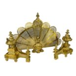 PAIR LOUIS XVI-STYLE GILT METAL CHENETS & FIRE GUARD, the chenets with urn finials, 38cm h, the
