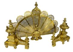 PAIR LOUIS XVI-STYLE GILT METAL CHENETS & FIRE GUARD, the chenets with urn finials, 38cm h, the