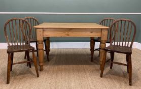 VICTORIAN PINE KITCHEN TABLE, fitted end drawer on quadruple plank top (varnished), 123 w x 90 d x