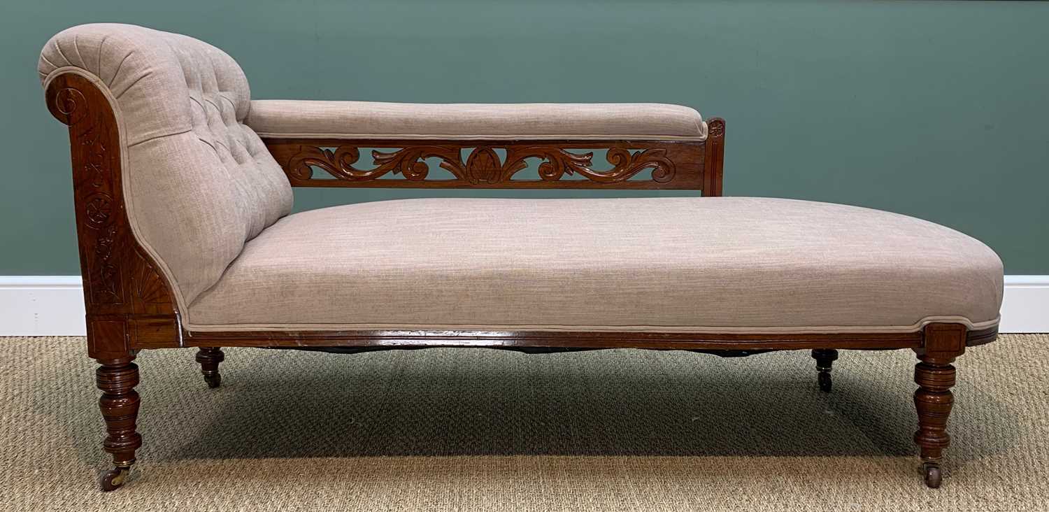 MATCHING VICTORIAN WALNUT CHAISE LONGUE & ARMCHAIR, with carved arms, on brown ceramic castors, - Image 2 of 10