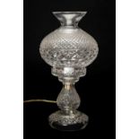 ATTRIBUTED TO WATERFORD: CUT GLASS TABLE LAMP, with glass baluster shade, unmarked, 37cm h