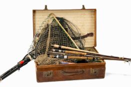 ASSORTED VINTAGE & LATER FISHING EQUIPMENT, including 4 landing nets, 5 rod tubes, 5 waistcoats/