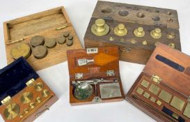 COLLECTION CASED BRASS SCIENTIFIC WEIGHTS & SCALES, including set 1908 Danish qvint weights from