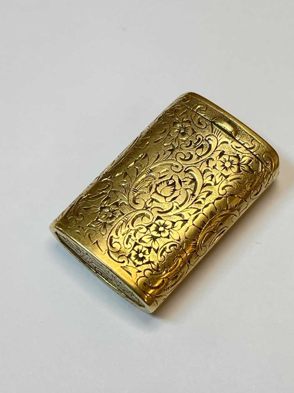 14K GOLD VESTA CASE, overall scroll engraved, of rectangular curved shape with striking end, - Image 7 of 10