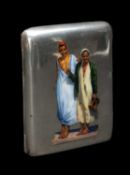 AUSTRIAN SILVER & ENAMEL CIGARETTE CASE, decorated with Arab peddlers, one with wood box, both