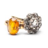 TWO GOLD RINGS comprising rose cut diamond cluster ring and 18ct gold believed citrine ring, 5.
