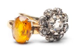 TWO GOLD RINGS comprising rose cut diamond cluster ring and 18ct gold believed citrine ring, 5.